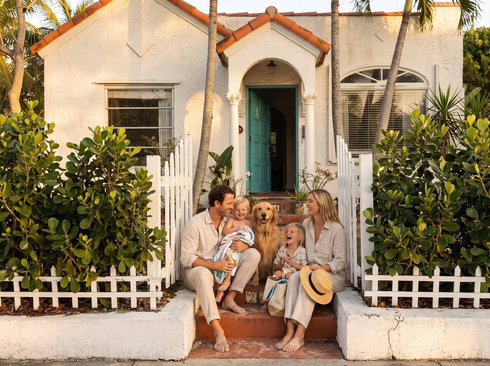 A family with a golden retriever sitting on the brick front steps of 244 Conniston at golden hour, the teal arched door open behind them